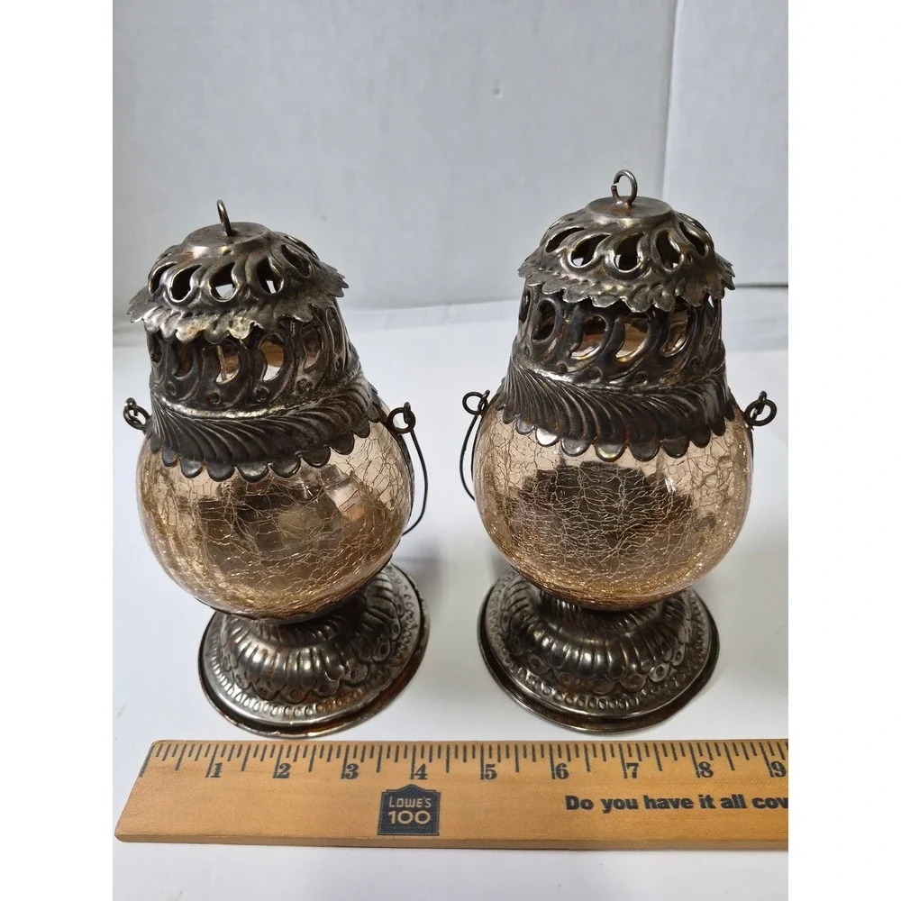 Vintage Silver Tone Crackle Glass Tea Light Lanterns Set of 2 Amber Boho Decor